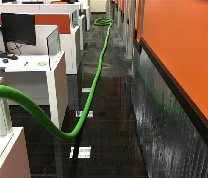 Standing water and green equipment in office space.